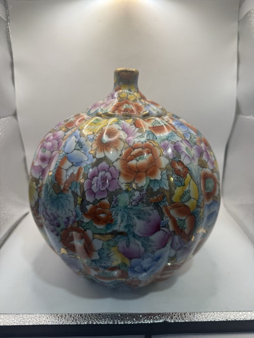 Vintage Chinese Millefleur Thousand Flowers Porcelain Ginger Jar Gold 9” *